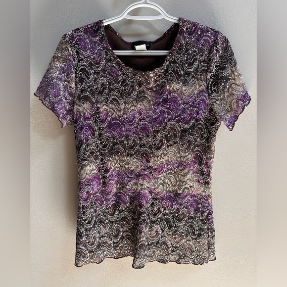 Vintage 90s/Y2K Brittany Black Abstract Iridescent Lettuce Hem Blouse Women’s M - Picture 1 of 14